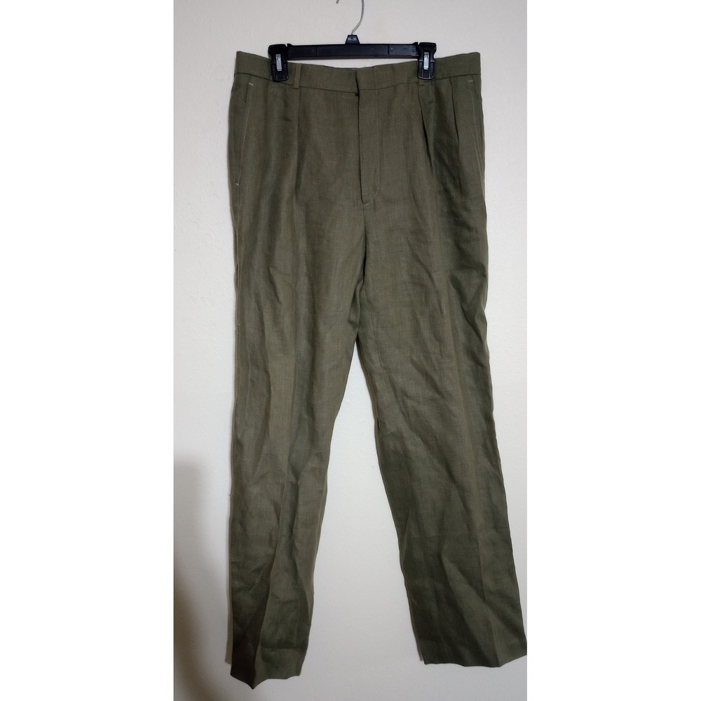 Lands End Mens 36 Long Olive Green 100% Linen Pleated Dress Pants Vintage USA